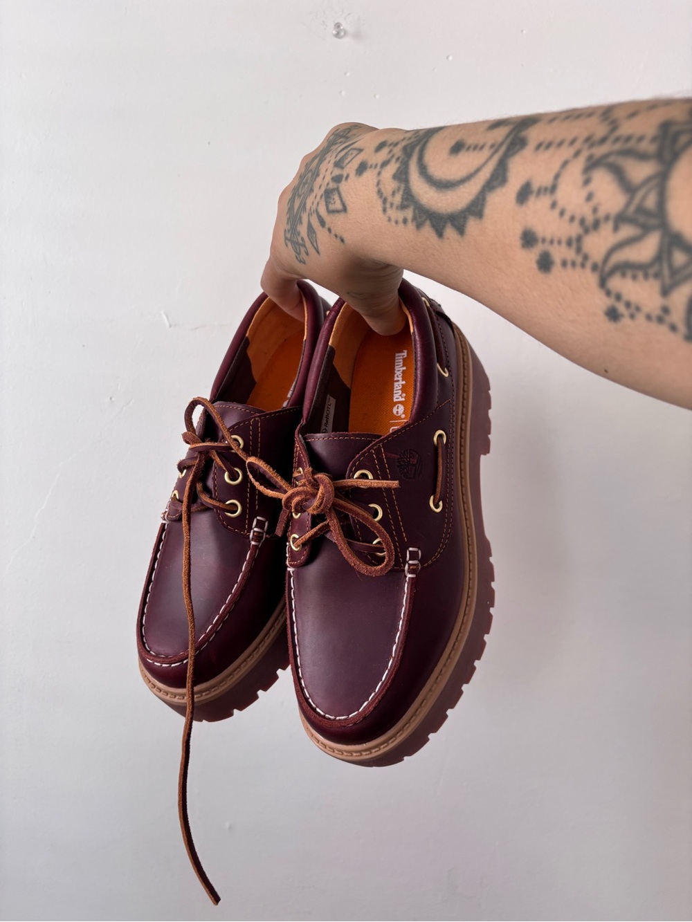 Timberland Burgundy and Tan Lug-Sole Platform Boat Shoes
